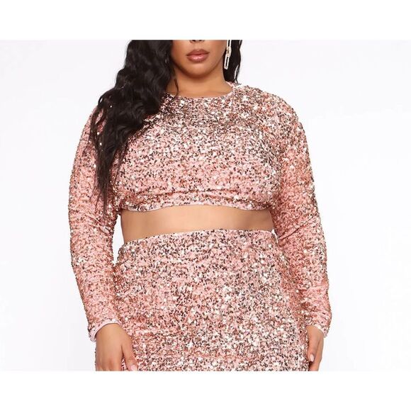 Fashion nova NWT pink sequin long sleeve crop top size 3x - Picture 1 of 13